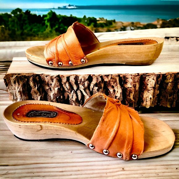 SALPY Handmade Shoes Orange Leather Wooden Mule Style Anna - Picture 3 of 15